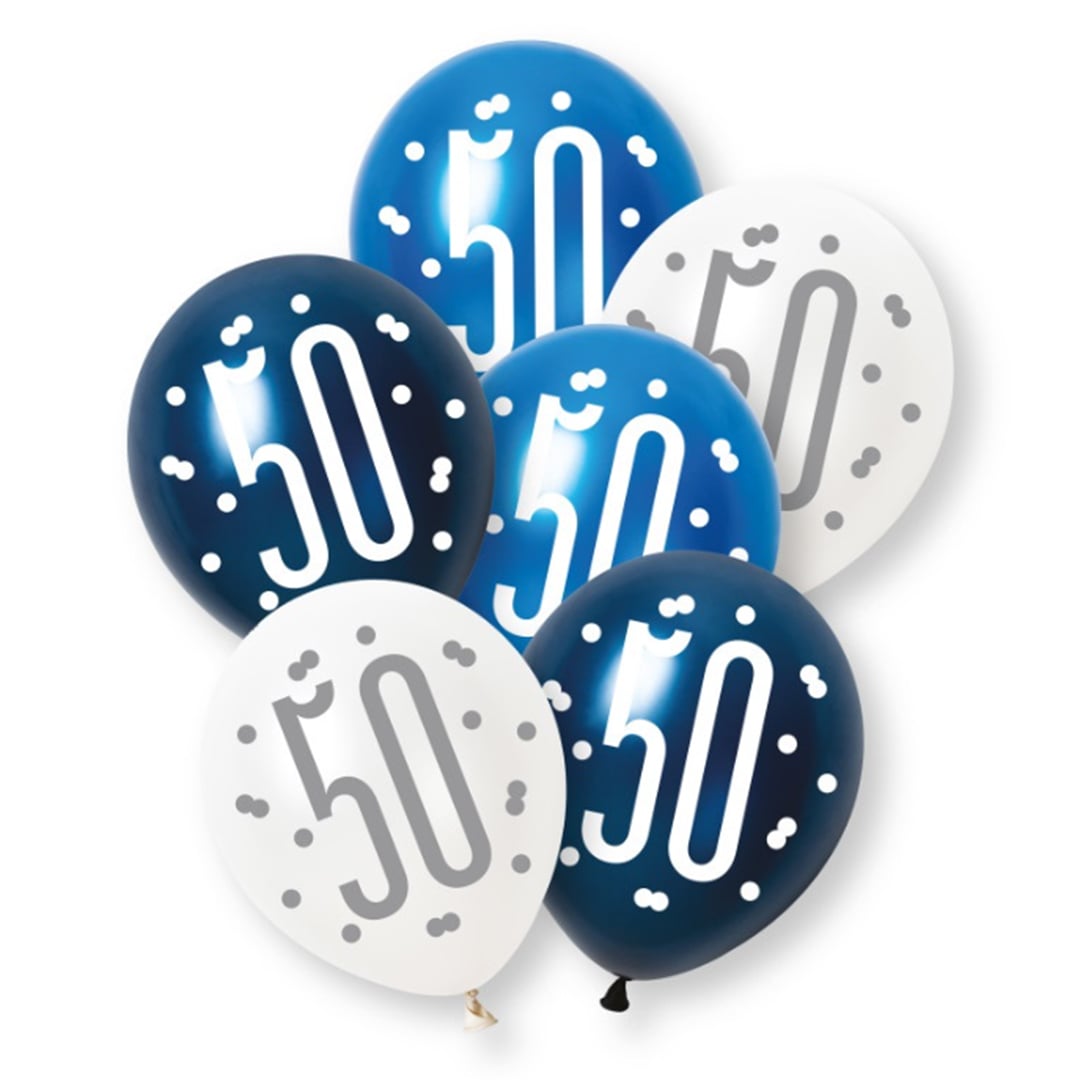 Blue Glitz Pearlescent 50th Birthday Assorted Latex Balloons 30cm / 12 in - Pack of 6