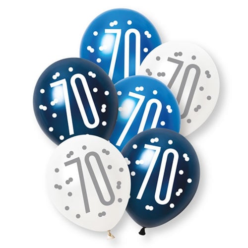 Blue Glitz Pearlescent 70th Birthday Assorted Latex Balloons 30cm / 12 in - Pack of 6