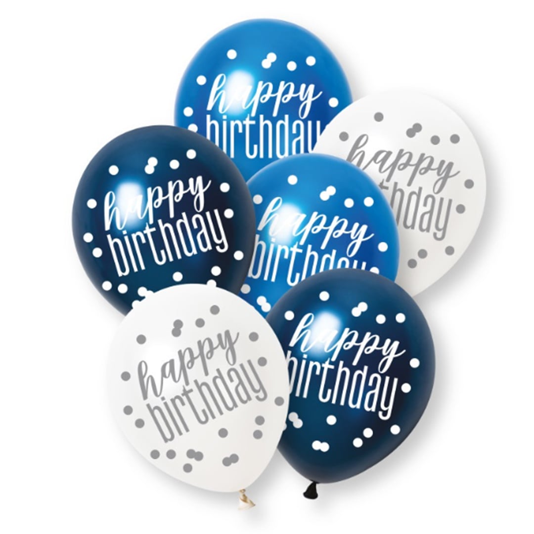 Blue Glitz Pearlescent Happy Birthday Assorted Latex Balloons 30cm / 12 in - Pack of 6
