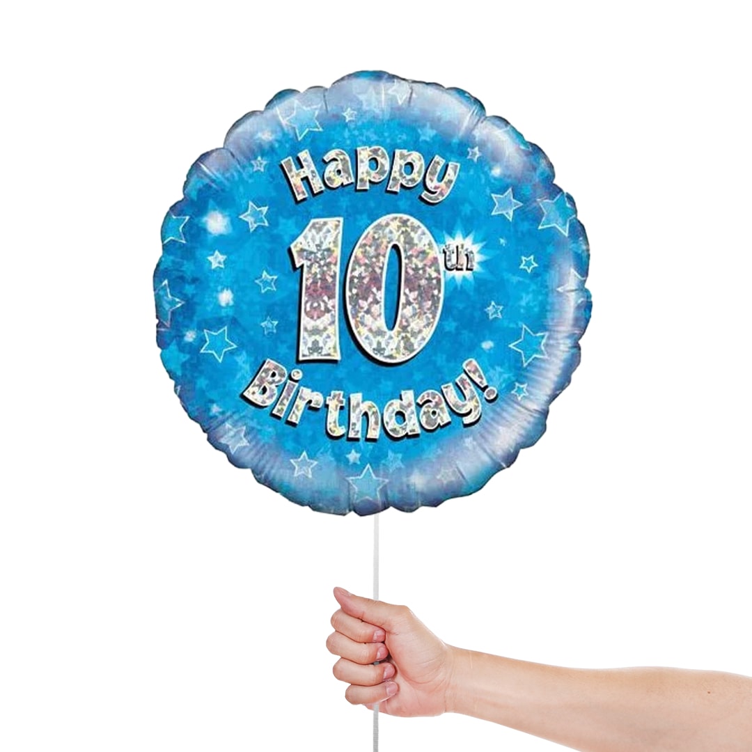 Blue Happy 10th Birthday Holographic Round Foil Helium Balloon 46cm / 18 in Product Gallery Image