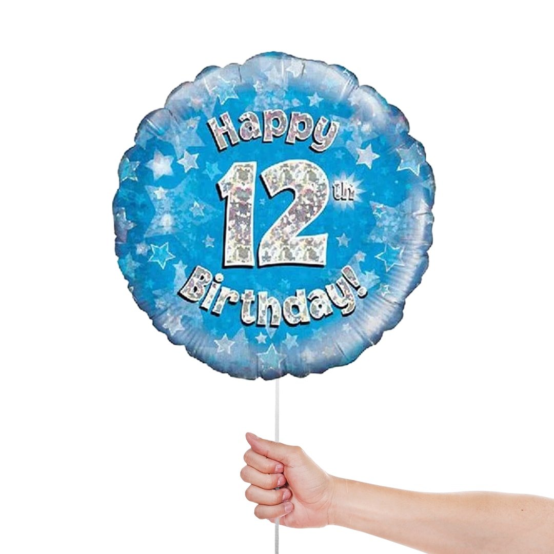 Blue Happy 12th Birthday Holographic Round Foil Helium Balloon 46cm / 18 in Product Gallery Image
