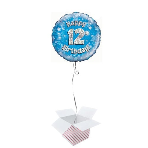 Blue Happy 12th Birthday Holographic Round Foil Helium Balloon - Inflated Balloon in a Box Product Image