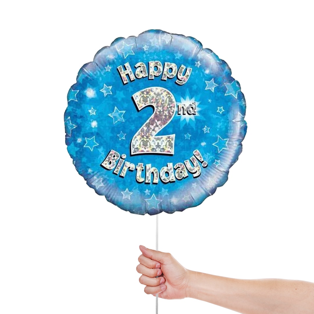 Blue Happy 2nd Birthday Holographic Round Foil Helium Balloon 46cm / 18 in Product Gallery Image