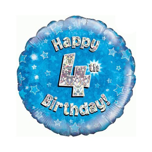 Blue Happy 4th Birthday Holographic Round Foil Helium Balloon 46cm / 18 in Product Image