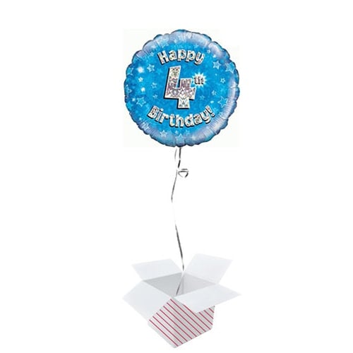 Blue Happy 4th Birthday Holographic Round Foil Helium Balloon - Inflated Balloon in a Box Product Image