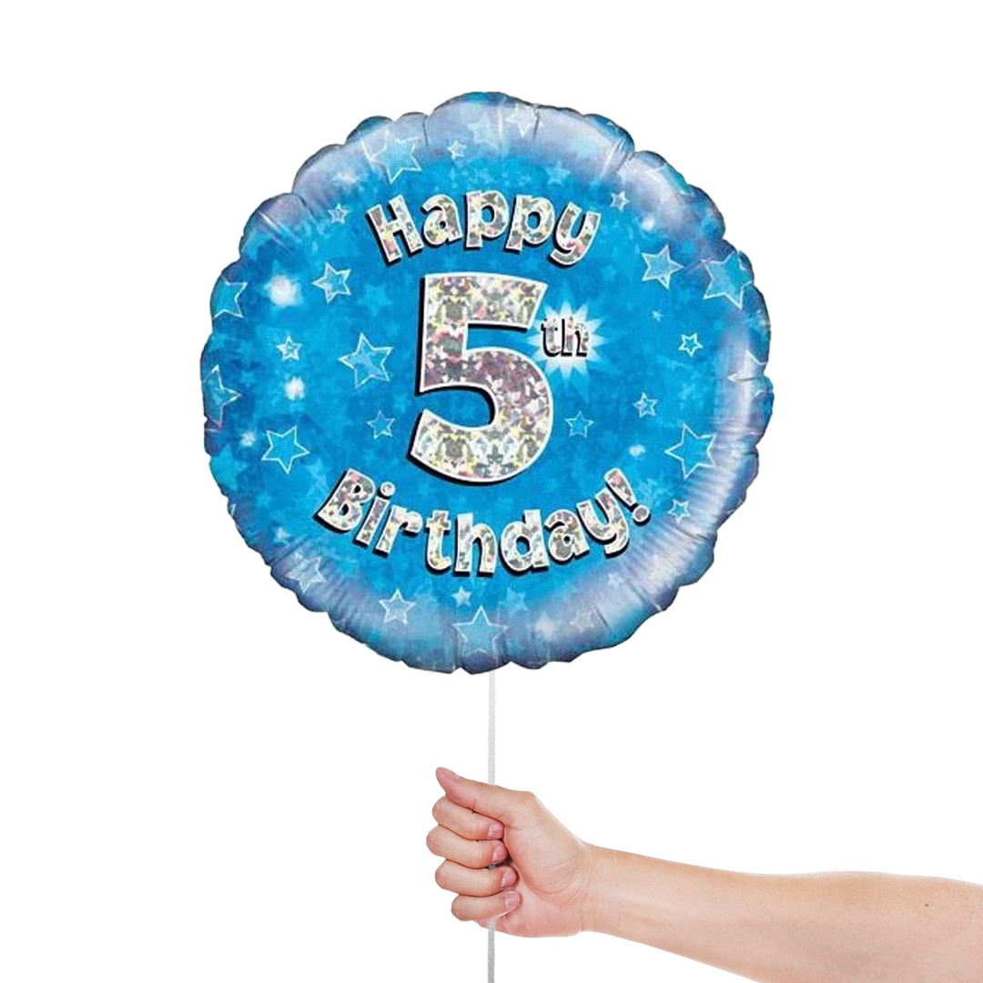 Blue Happy 5th Birthday Holographic Round Foil Helium Balloon 46cm / 18 in Product Gallery Image