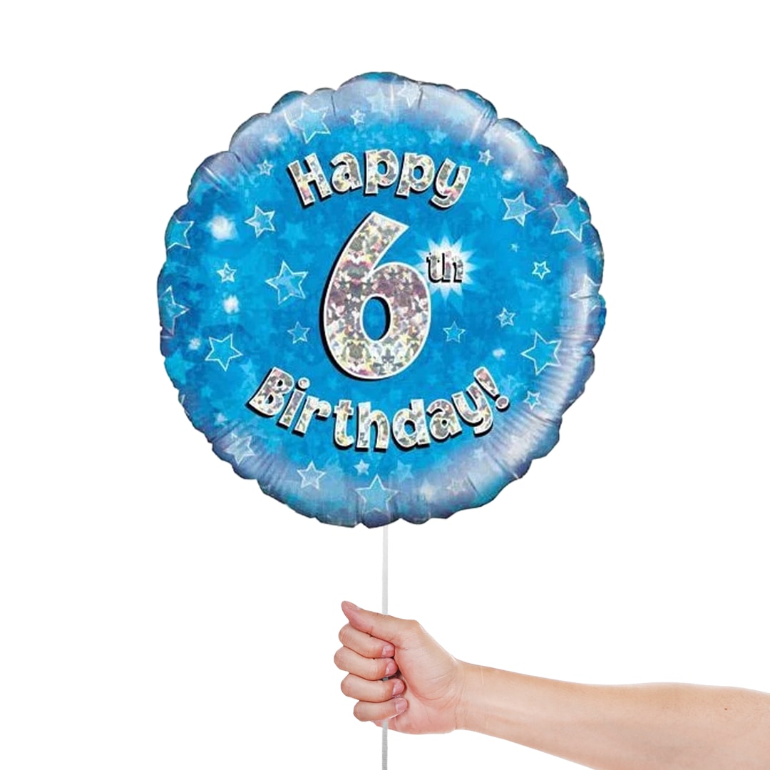 Blue Happy 6th Birthday Holographic Round Foil Helium Balloon 46cm / 18 in Product Gallery Image