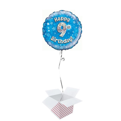 Blue Happy 9th Birthday Holographic Round Foil Helium Balloon - Inflated Balloon in a Box Product Gallery Image