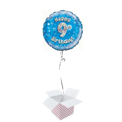 Blue Happy 9th Birthday Holographic Round Foil Helium Balloon - Inflated Balloon in a Box Product Image