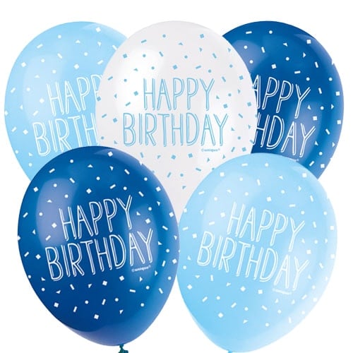 Blue Happy Birthday Assorted Biodegradable Latex Balloons 30cm / 12 in - Pack of 5 Product Image