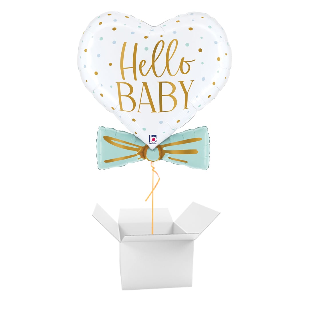 Blue Hello Baby Bowtie Heart Shaped Giant Foil Balloon - Inflated Balloon In A Box