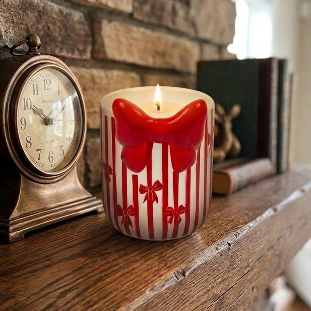 Bow Red & White Stripe Christmas Festive Scented Candle 10cm