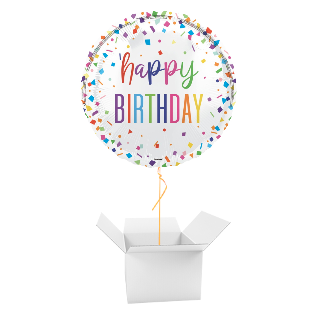 Bright Colourful Confetti Happy Birthday Round Foil Balloon - Inflated Balloon In A Box