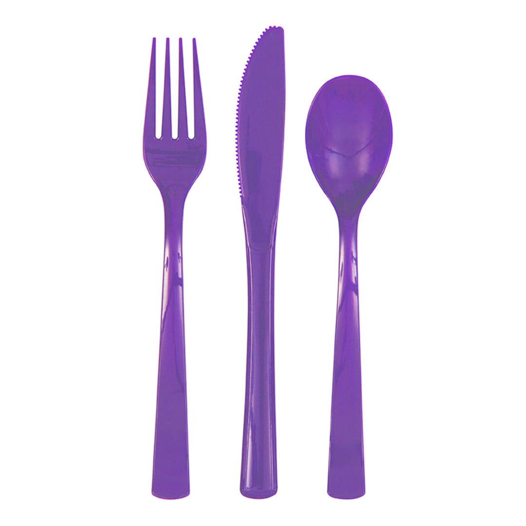 Bright Purple Plastic Reusable Assorted Cutlery Set - Pack of 18
