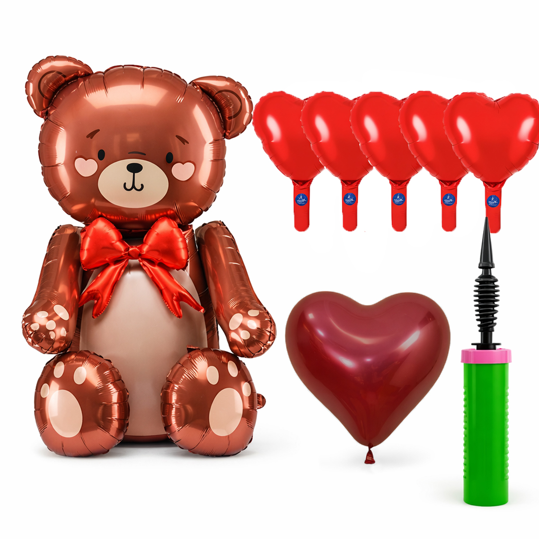 Brown Teddy Bear with Red Hearts Air Fill Valentine's Balloon Kit