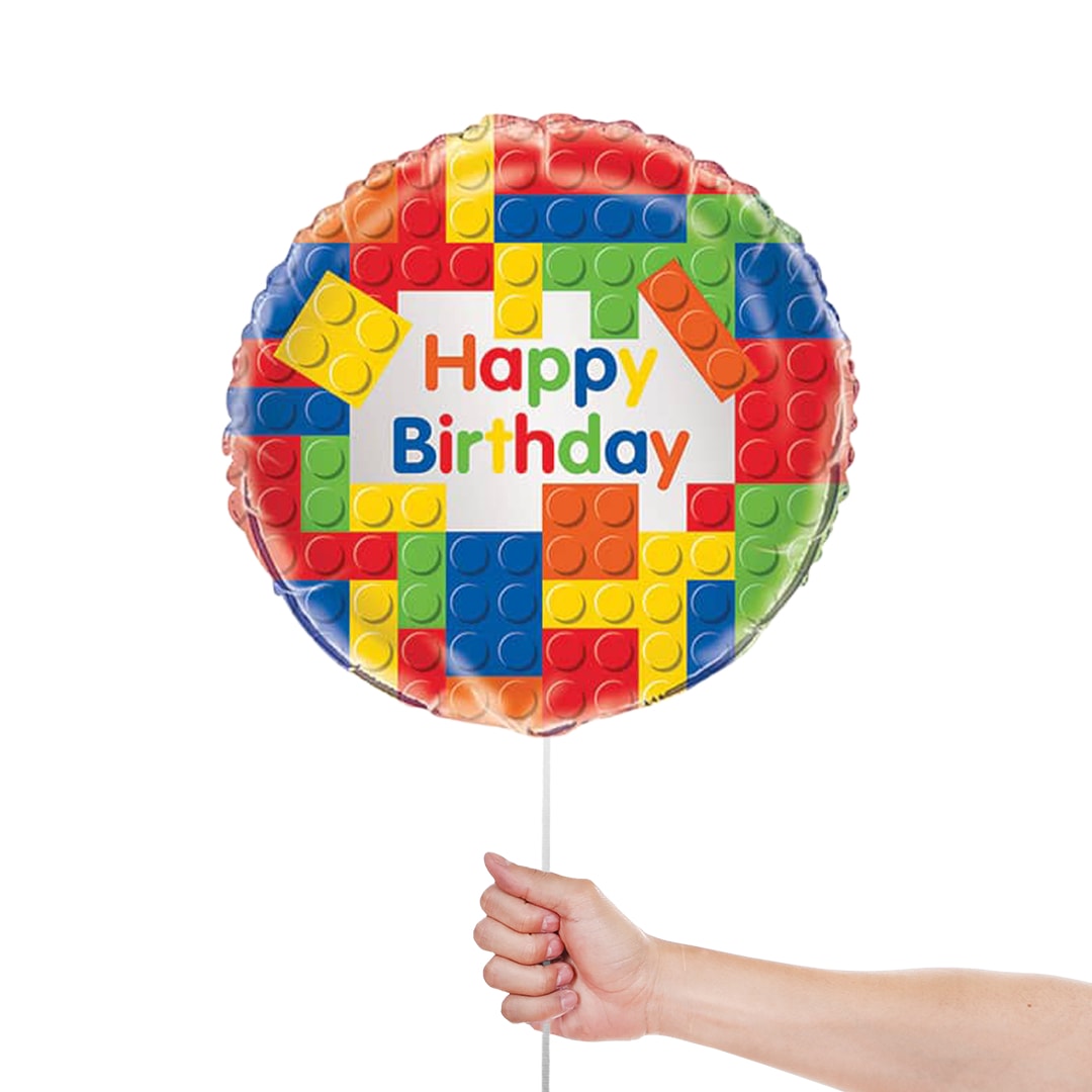 Building Blocks Happy Birthday Round Foil Helium Balloon 46cm / 18 in Product Gallery Image