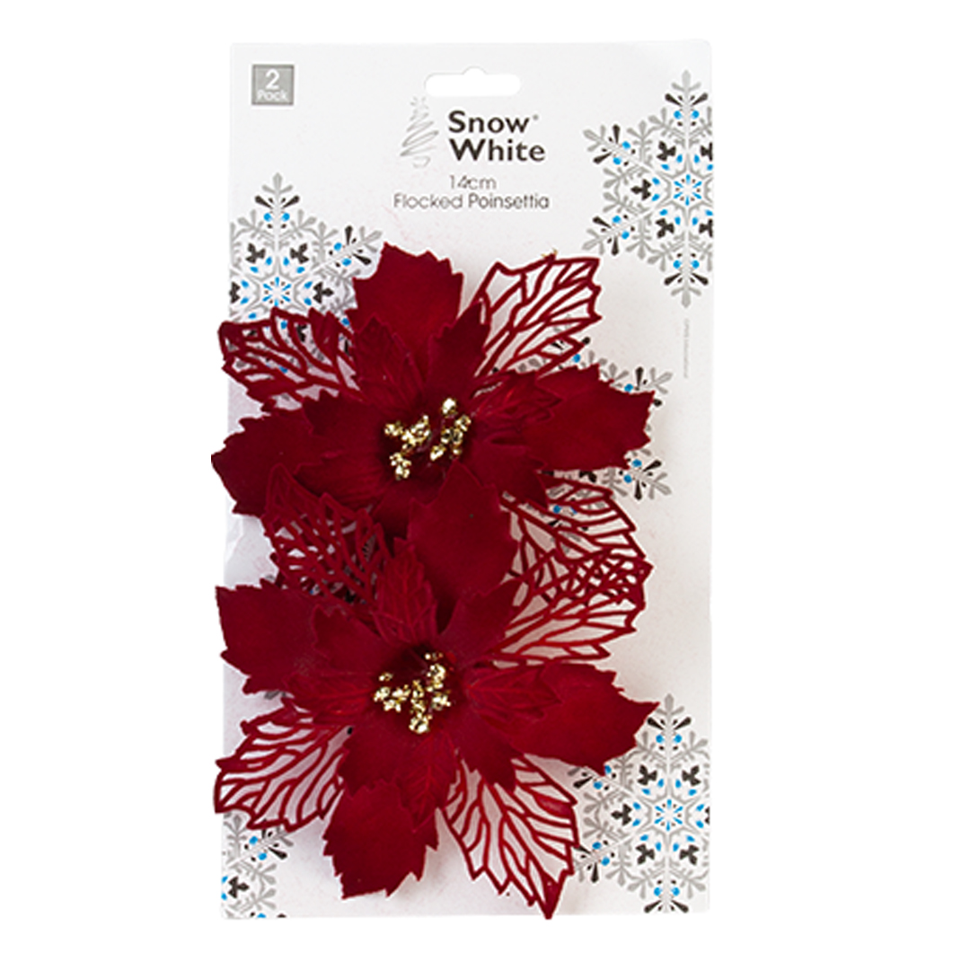 Burgundy Red Flocked Poinsettia Christmas Decoration with Clips - Pack of 2 View 3