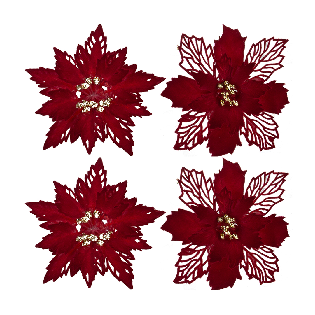 Burgundy Red Flocked Poinsettia Christmas Decoration with Clips - Pack of 2