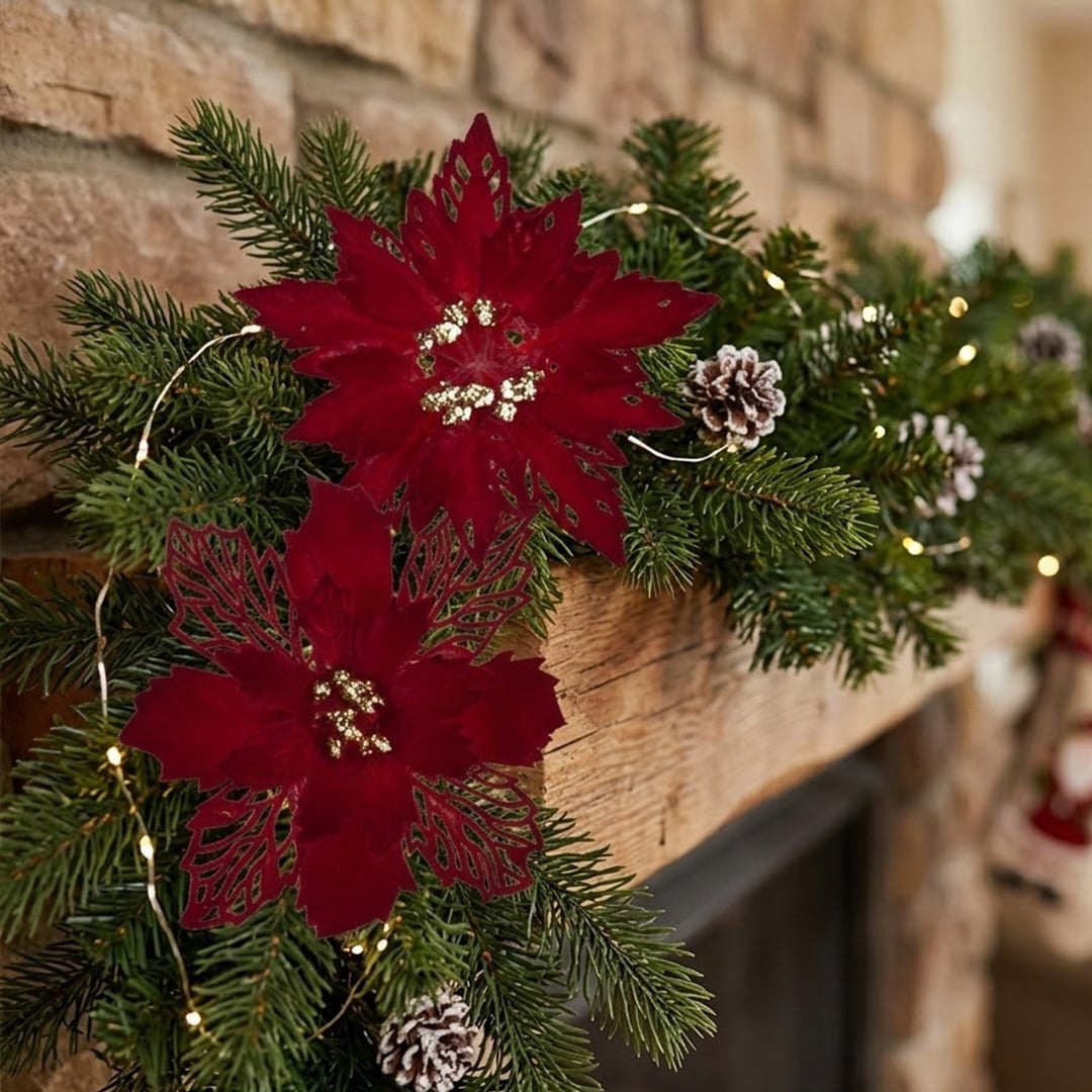 Burgundy Red Flocked Poinsettia Christmas Decoration with Clips - Pack of 2