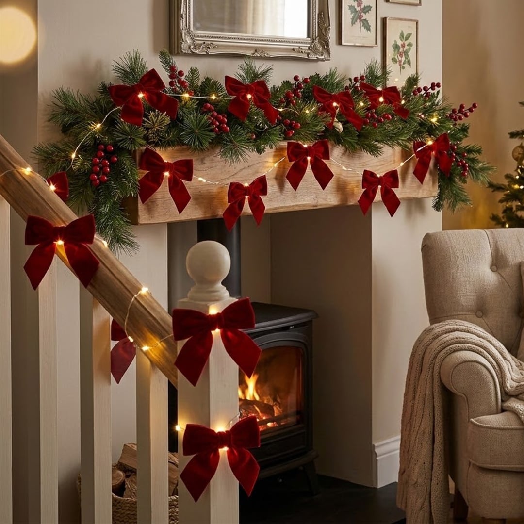 Burgundy Red Velvet Bow Christmas LED Battery Operated String Lights 1.3m
