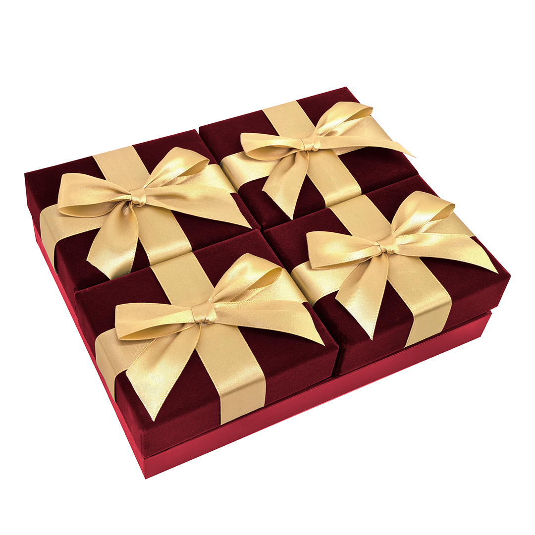 Burgundy Red Velvet Christmas Gift Boxes with Gold Ribbon Bows - Pack of 4