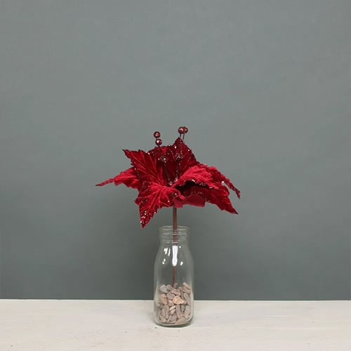 Burgundy Red Velvet Poinsettia with Glitter Detail Small Christmas Pick Decoration 29cm Product Gallery Image