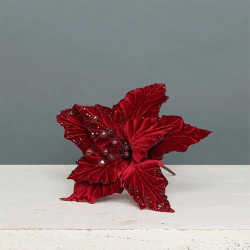 Burgundy Red Velvet Poinsettia with Glitter Detail Small Christmas Pick Decoration 29cm Product Gallery Image