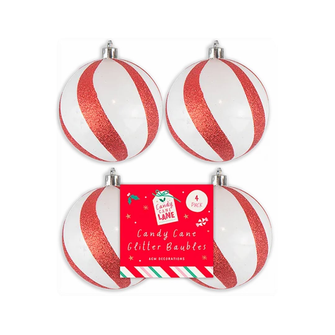 Candy Cane Red & White Glitter Plastic Baubles Hanging Christmas Tree Decorations 8cm - Pack of 4