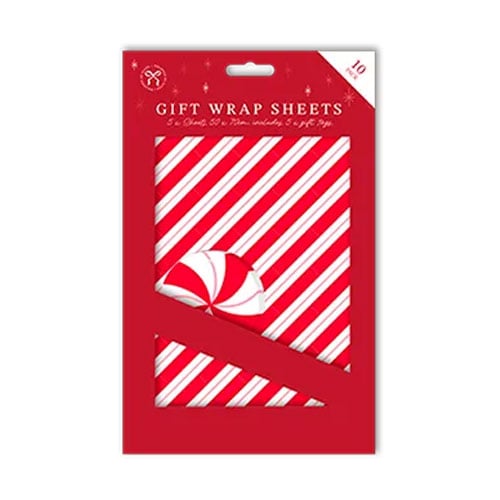 Candy Cane Red & White Stripes Christmas Gift Wrap Sheets with Matching Tags - Pack of 5 Product Gallery Image