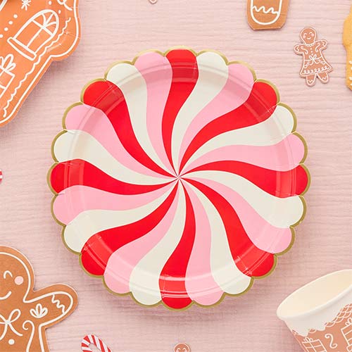 Candy Swirl Christmas Round Scalloped Paper Plates 22cm - Pack of 8 Product Gallery Image