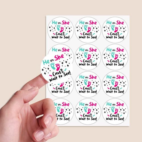 Can't Wait to See Gender Reveal Round Stickers 60mm - Sheet of 12 Product Gallery Image