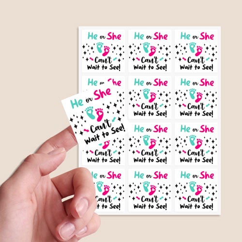 Can't Wait to See Gender Reveal Square Stickers 65mm - Sheet of 12 Product Gallery Image