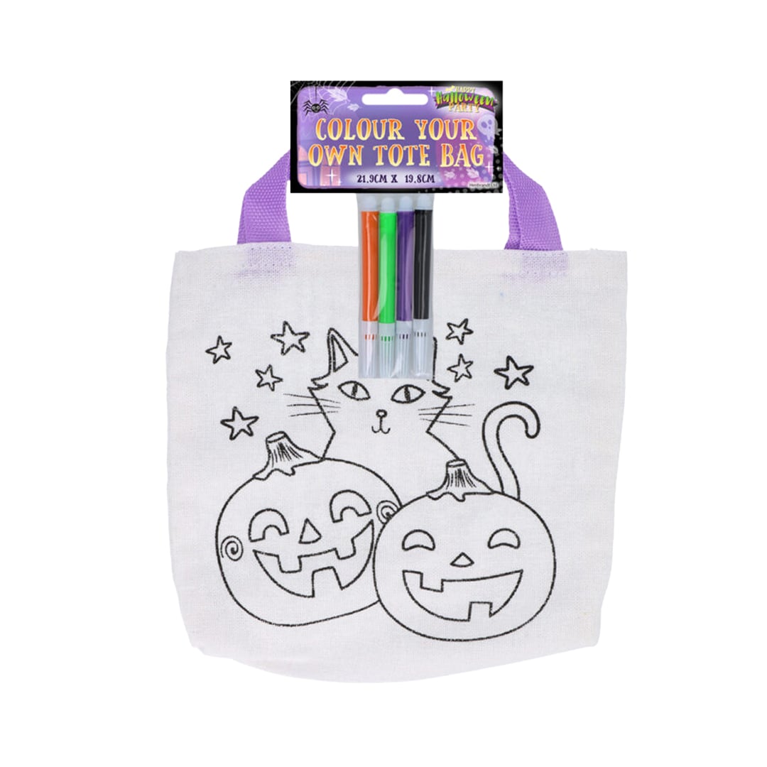 Cat & Pumpkins Colour Your Own Mini Halloween Tote Bag 22cm