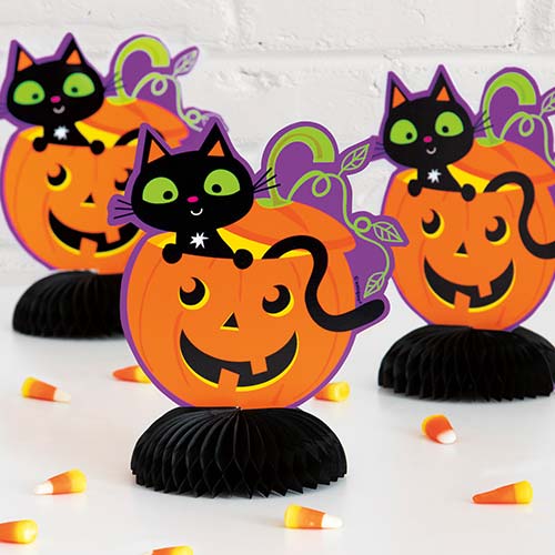 Cat & Pumpkin Halloween Honeycomb Centrepieces Table Decorations - Pack of 3 Product Gallery Image
