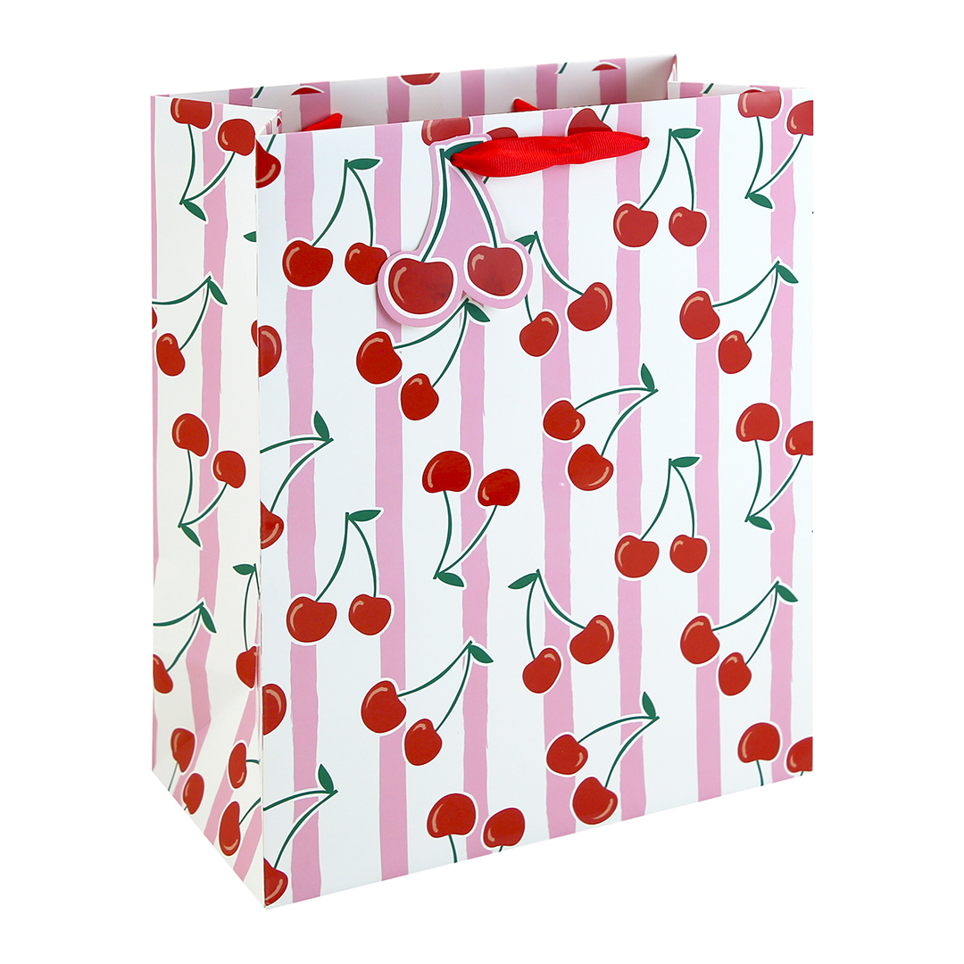 Cherry Pink Stripes Large White Gift Bag 33cm
