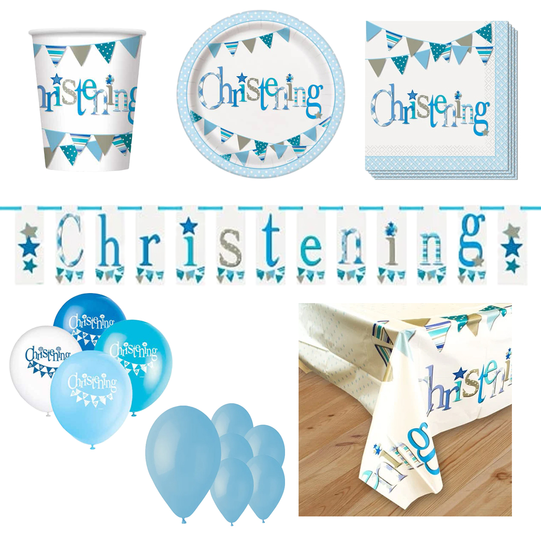 Christening Blue Theme 16 Person Deluxe Party Pack