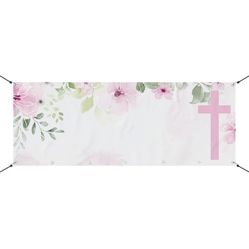 Christening Pink Floral Cross Design Large Personalised Banner – 10ft x 4ft