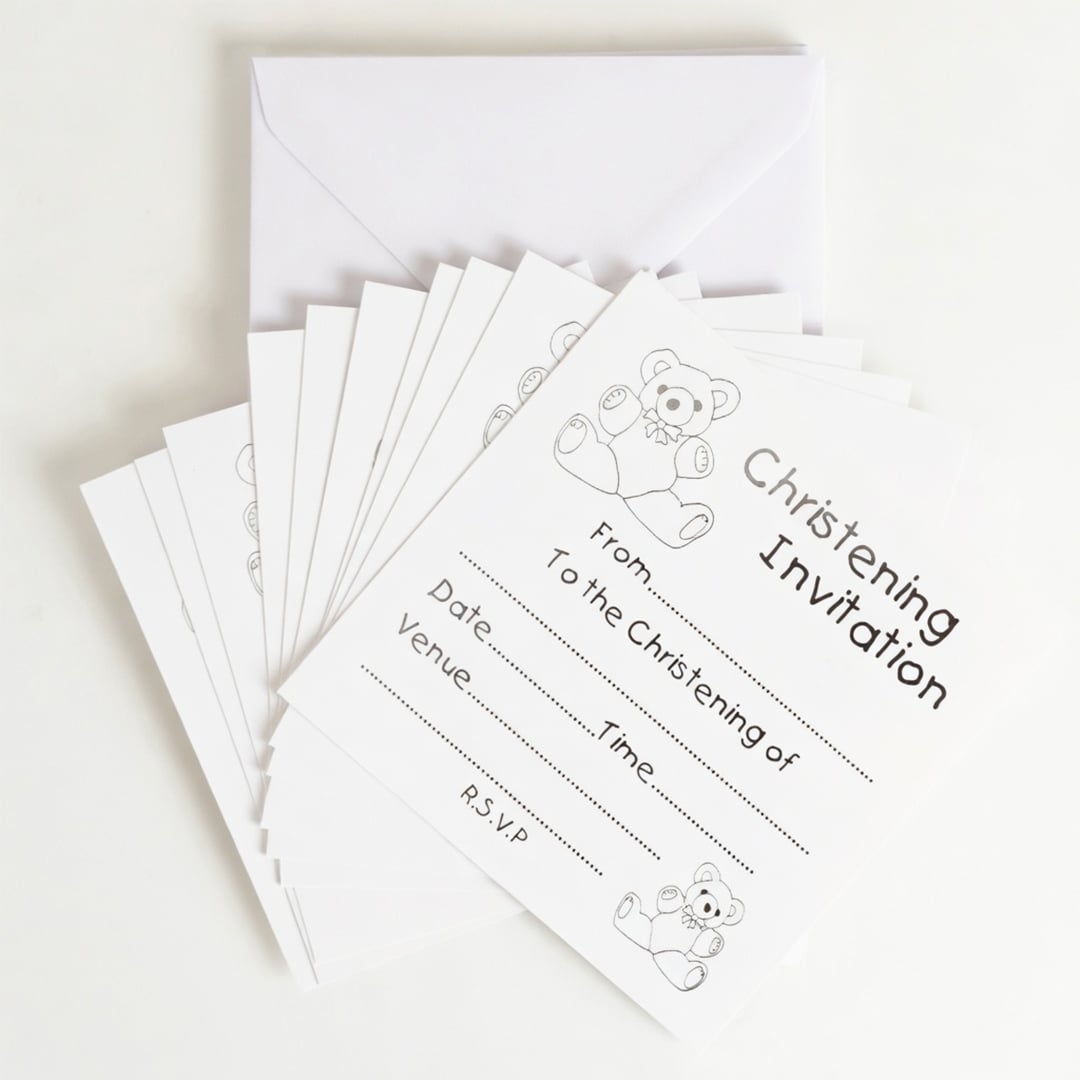 Christening White Invitations With Silver Print And Envelopes - Pack of 10