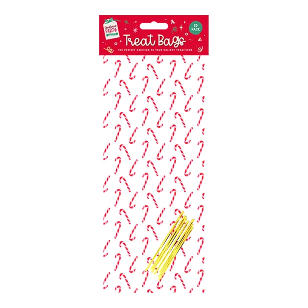 Christmas Candy Cane Clear Cello Treat Bags with Twist Ties - Pack of 20