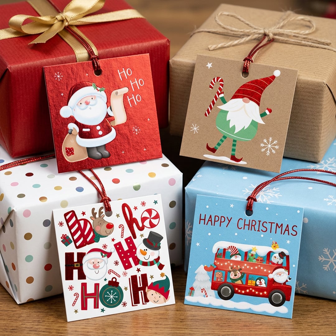 Christmas Character Design Red Foil Finish Gift Tags - Pack of 32