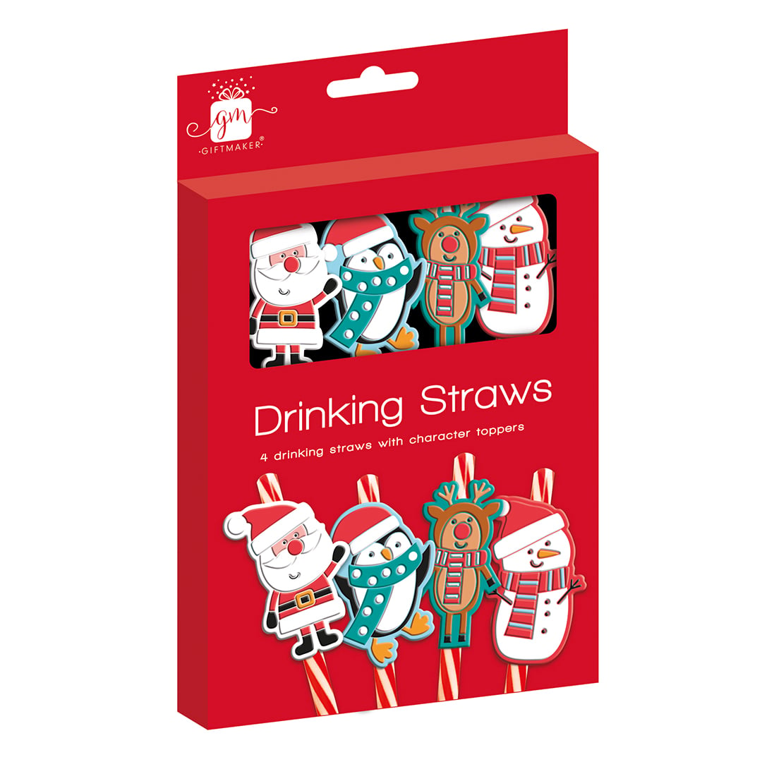 Christmas Character Topper Reusable Plastic Drinking Straws - Pack of 4