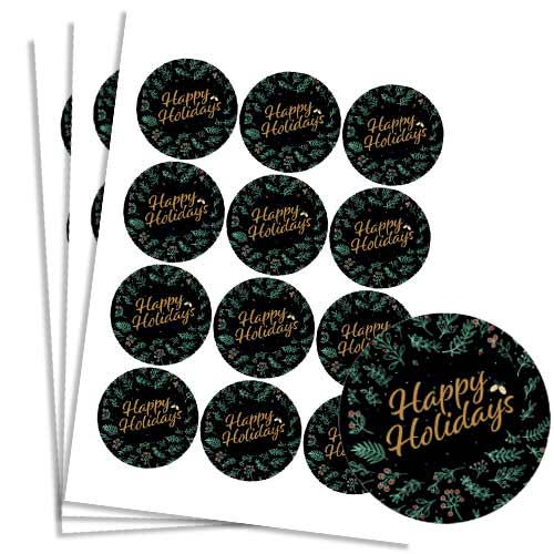 Christmas Happy Holidays Black Round Stickers 60mm - Sheet of 12 Product Gallery Image