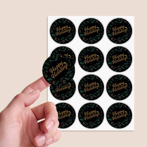 Christmas Happy Holidays Black Round Stickers 60mm - Sheet of 12 Product Gallery Image