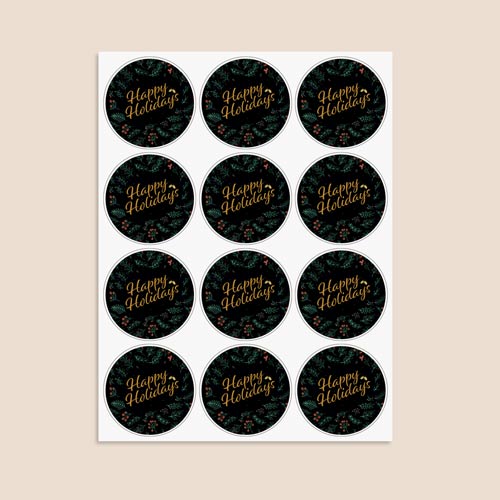 Christmas Happy Holidays Black Round Stickers 60mm - Sheet of 12 Product Gallery Image