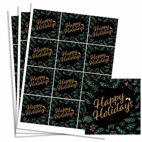 Christmas Happy Holidays Black Square Stickers 65mm - Sheet of 12 Product Gallery Image