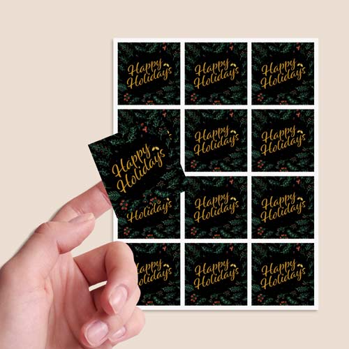 Christmas Happy Holidays Black Square Stickers 65mm - Sheet of 12 Product Gallery Image