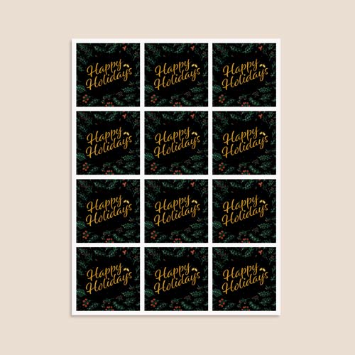Christmas Happy Holidays Black Square Stickers 65mm - Sheet of 12 Product Gallery Image