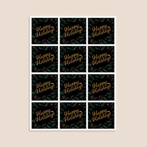 Christmas Happy Holidays Black Square Stickers 65mm - Sheet of 12 Product Gallery Image