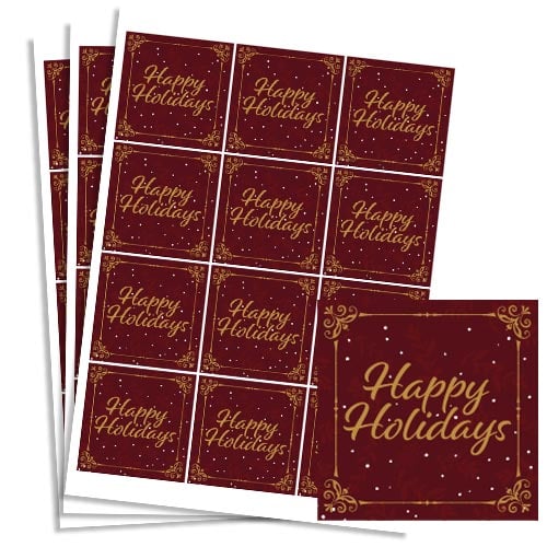 Christmas Happy Holidays Burgundy Square Stickers 65mm - Sheet of 12 Product Gallery Image