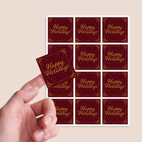 Christmas Happy Holidays Burgundy Square Stickers 65mm - Sheet of 12 Product Gallery Image